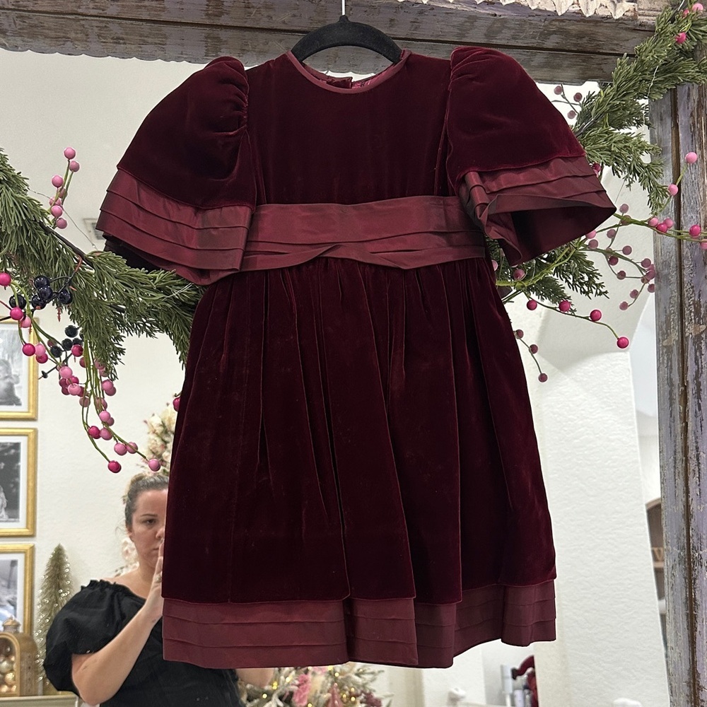 Silk Velvet and silk Organza Burgundy Holiday Dress with Puff Sleeves - Picture 1 of 6